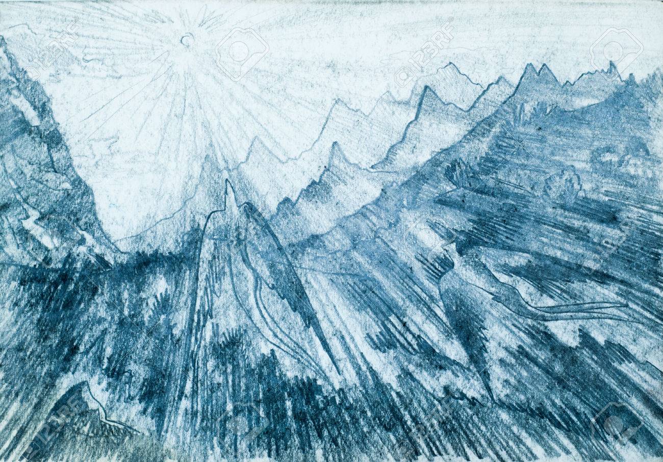描かれた鉛筆 山 天使は太陽夜明けに飛ぶ 山 高山 険しい山々 山の範囲で の写真素材 画像素材 Image