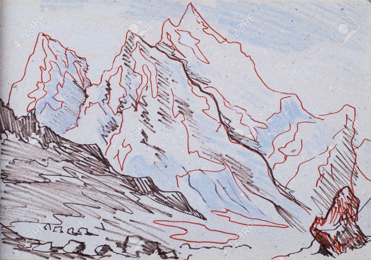 Ein Bild Gezeichnet Mit Bleistift Berge Engel Fliegen Um Die Sonne In Der Morgendammerung In Den Bergen Hohe Berge Zerkluftete Berge Bergkette Lizenzfreie Fotos Bilder Und Stock Fotografie Image
