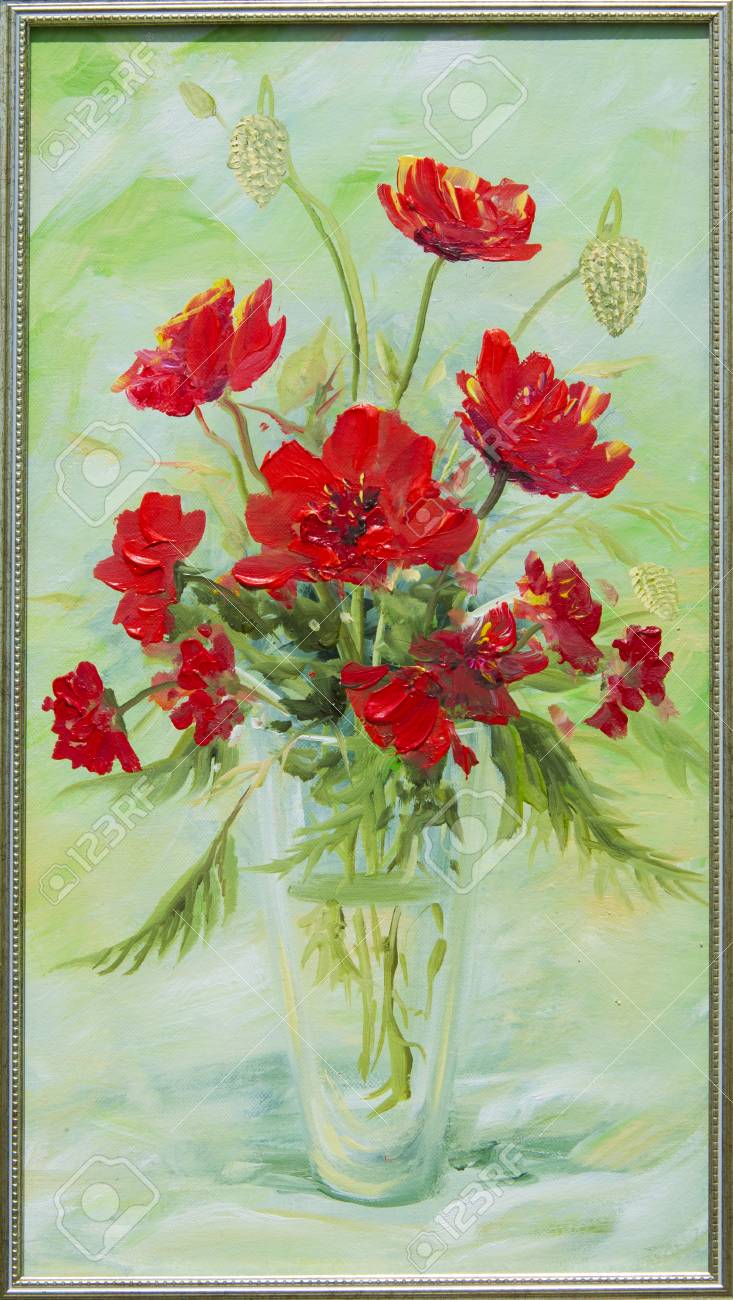 Texture Modèle Toile Peint à Lhuile Il A Brossé Un Tableau De Fleurs Sauvages Un Rouge Recueilli Dans Un Bouquet Fleurs Sauvages Sont Dans Un