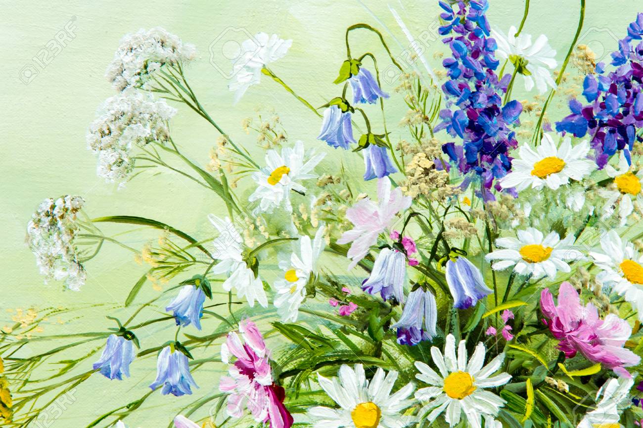 テクスチャ パターン キャンバスに塗られたオイル それは花束で採集された野生の花の絵を描いた 野生の花は 花瓶にあります 花 たくさんの魅力的なアレンジ の写真素材 画像素材 Image