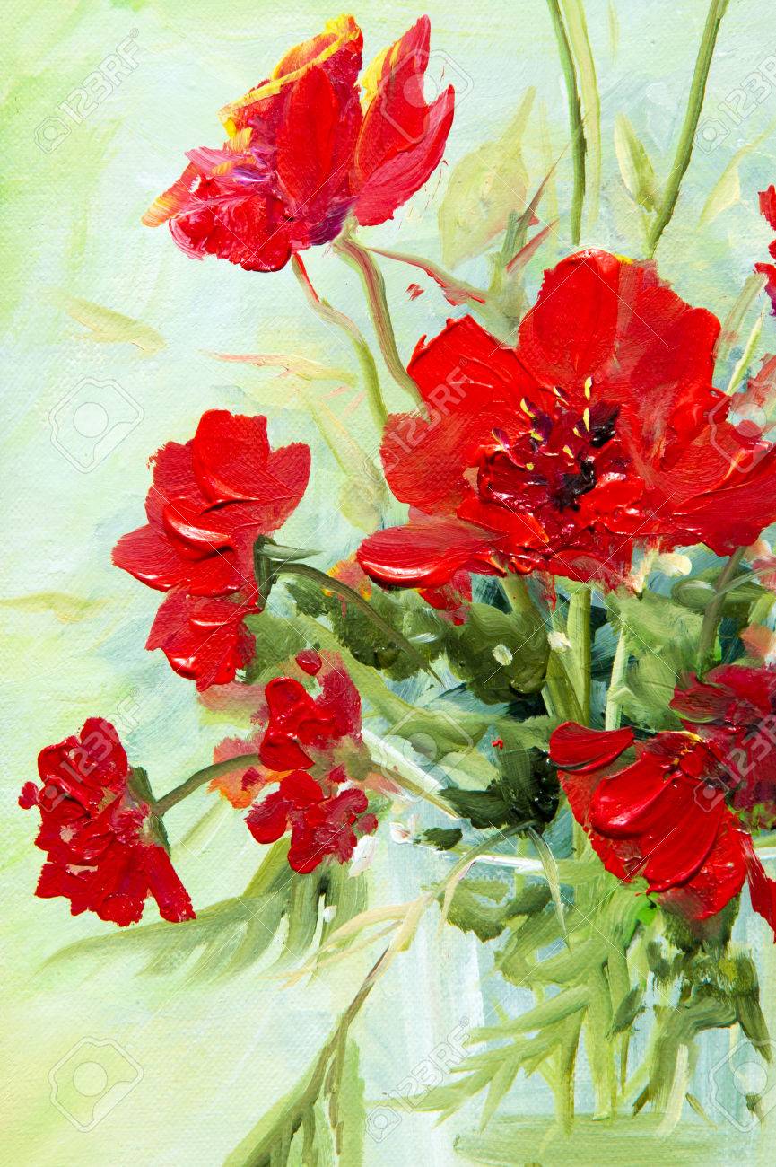 Texture Modèle Toile Peint à Lhuile Il A Brossé Un Tableau De Fleurs Sauvages Un Rouge Recueilli Dans Un Bouquet Fleurs Sauvages Sont Dans Un