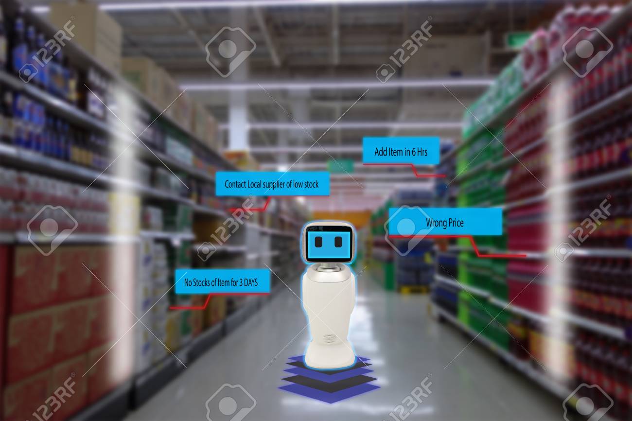 smart retail concept, robot service use for check the data of or Stores that stock goods on shelves with easily-viewed barcode and prices or photo compared against an idealized representation of store - 86500680 smart retail concept, robot service use for check the data of or Stores that stock goods on shelves with easily-viewed barcode and prices or photo compared against an idealized representation of store - 86500680