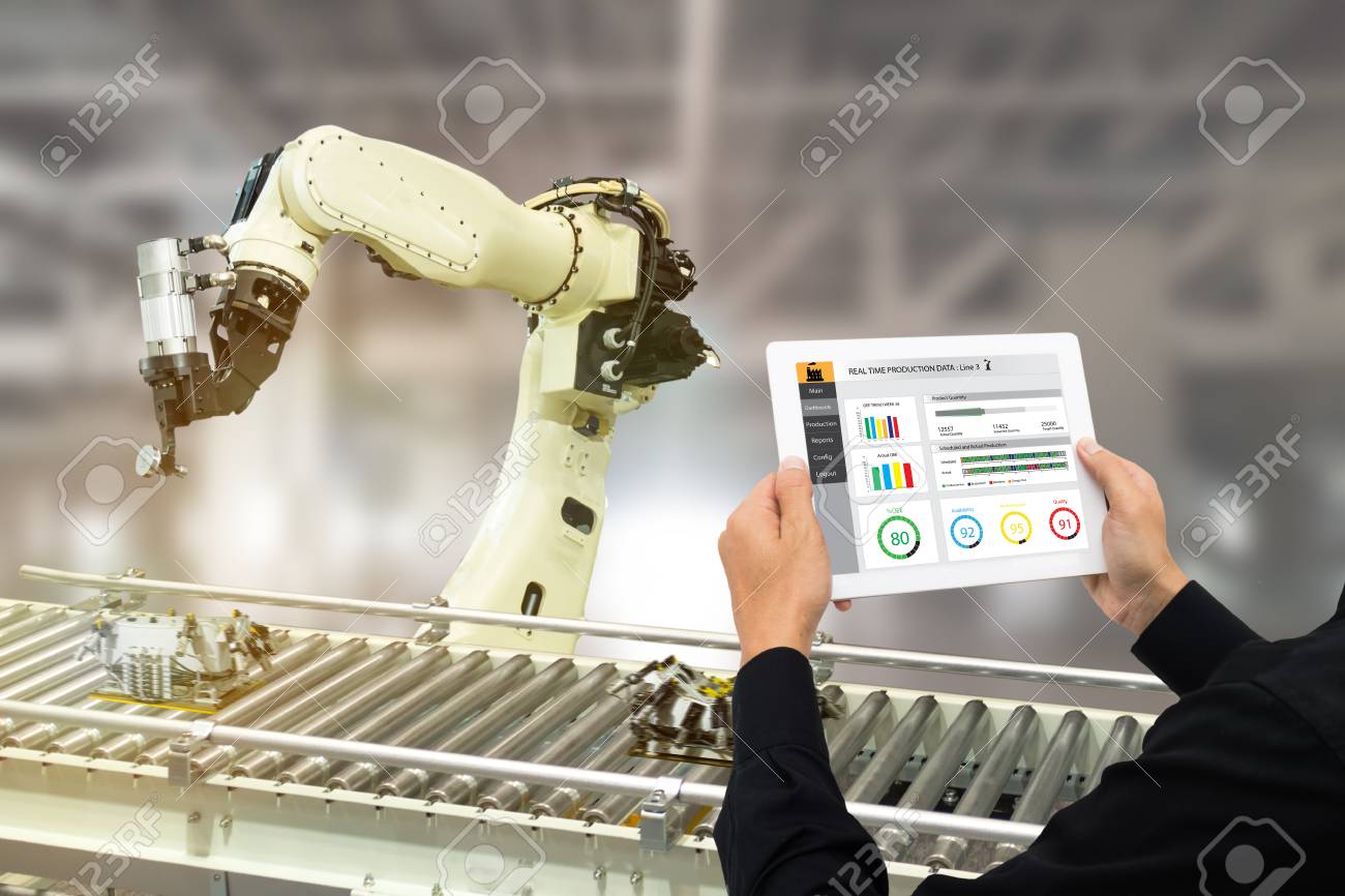 iot industry 4.0 concept,industrial engineer using software (augmented, virtual reality) in tablet to monitoring machine in real time.Smart factory use Automation robot arm in automotive manufacturing - 93721412 iot industry 4.0 concept,industrial engineer using software (augmented, virtual reality) in tablet to monitoring machine in real time.Smart factory use Automation robot arm in automotive manufacturing - 93721412
