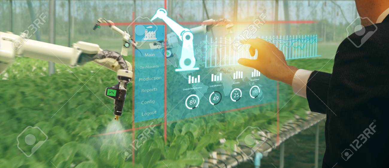 iot smart industry robot 4.0 agriculture concept,agronomist,farmer(blurred) using smart glasses (augmented mixed virtual reality,artificial intelligence technology) to monitoring autonomous robotics - 105716343 iot smart industry robot 4.0 agriculture concept,agronomist,farmer(blurred) using smart glasses (augmented mixed virtual reality,artificial intelligence technology) to monitoring autonomous robotics - 105716343