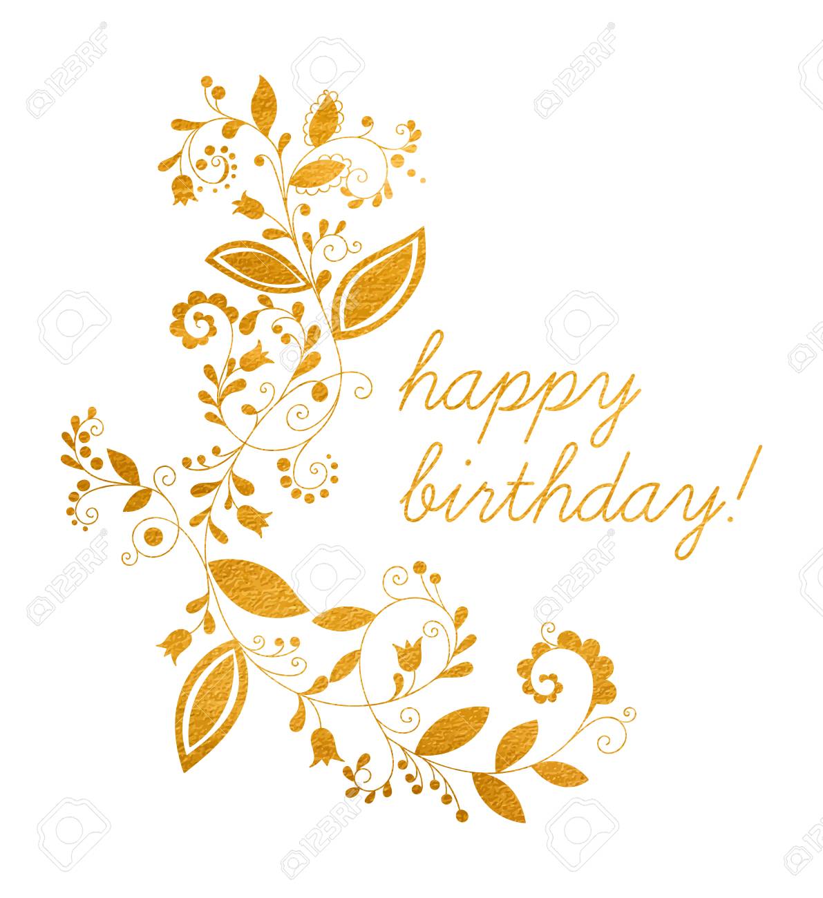 Gold Greeting Happy Birthday Card With Floral Element In Doodle Style And Inscription Hand Drawn Flourish Border Or Frame For Banner Calendar Postcard Greeting Card Vector Illustration Royalty Free Cliparts Vectors And