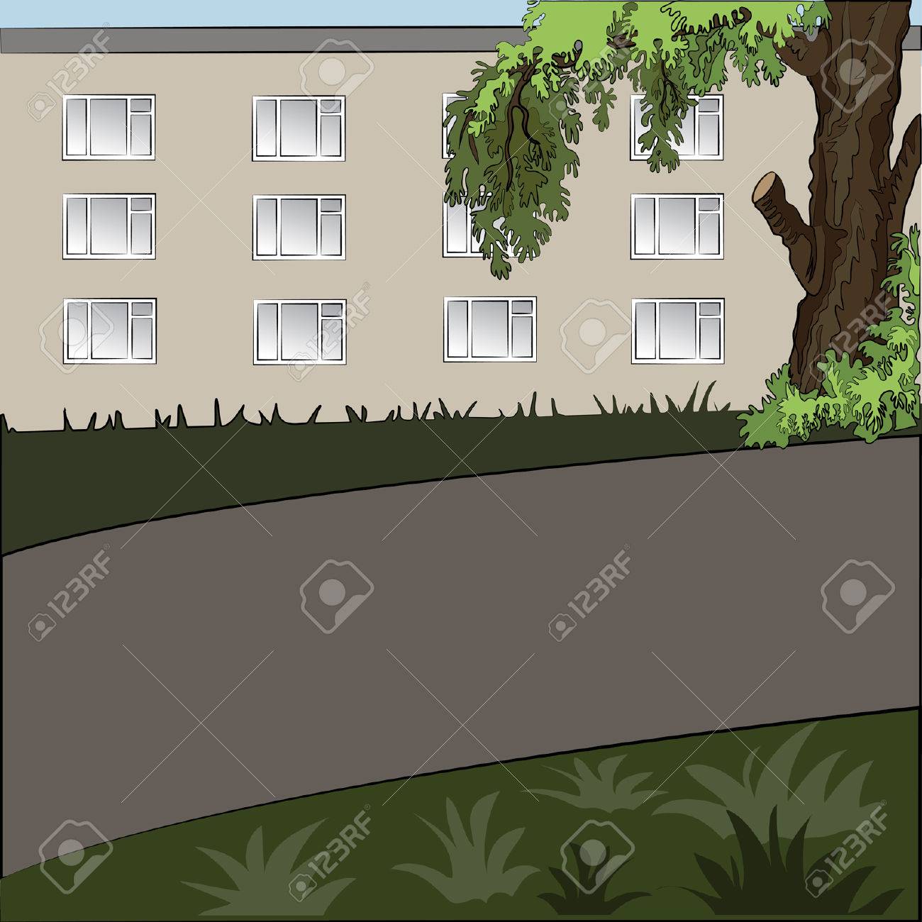 Vettoriale Illustrazione Del Paesaggio Della Citta Di Giorno Albero Casa Marciapiede E Prato Inglese Image