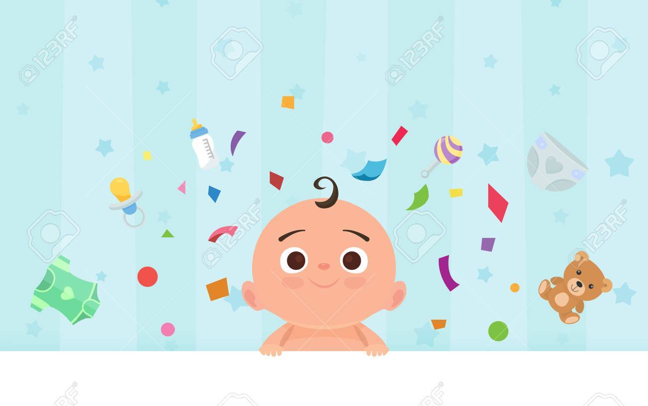 Flat little happy boy with toys. - 53515443 Flat little happy boy with toys. - 53515443