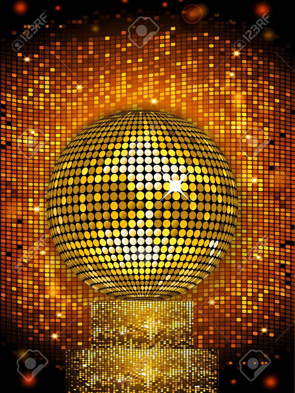 Goldene Disco Ball Auf Einem Funkelnden Standplatz Uber Gluhende Goldene Fliesen Hintergrund Lizenzfrei Nutzbare Vektorgrafiken Clip Arts Illustrationen Image 66865425