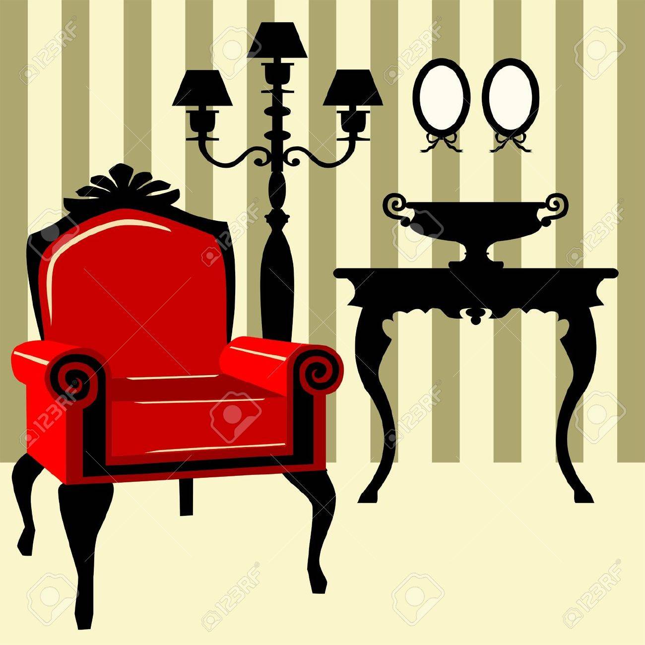 赤い肘掛け椅子とアンティーク インテリア のイラスト素材 ベクタ Image