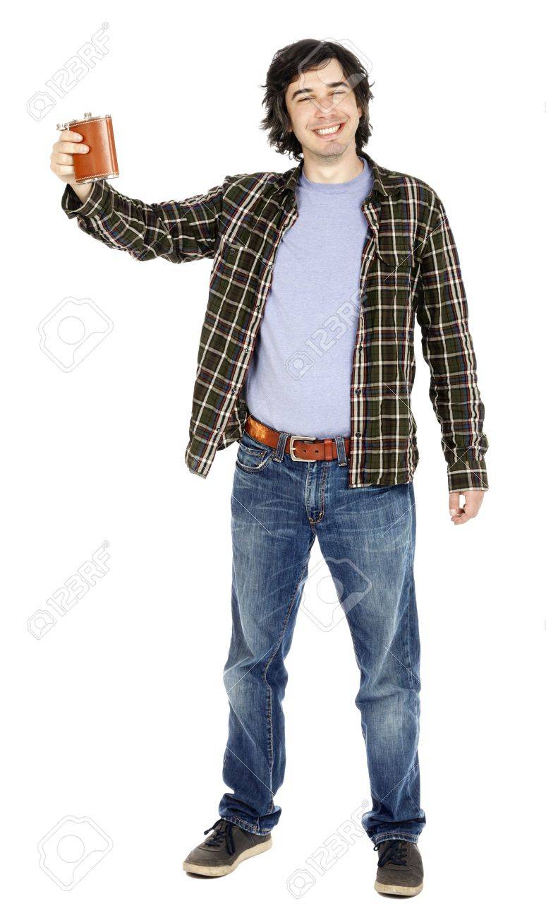 彼の初期の白人男性 30 代カジュアルな服装で情報通のフラスコを持っている彼の手を持ち上げながら全く愚かな喜びでカメラを見て服を着てください 乾杯 白い背景上に分離 の写真素材 画像素材 Image