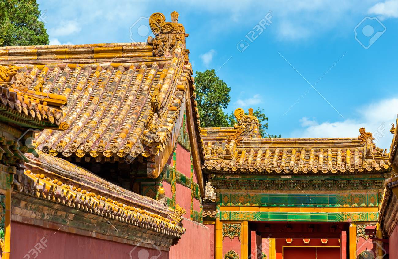 roof decorations in the forbidden city beijing china stock photo
