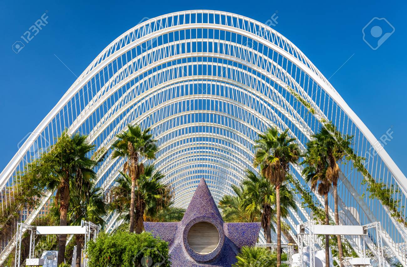 Plants in the umbracle, a landscaped walk at he city of arts.. stock ... Citta delle arti e delle scienze di valencia