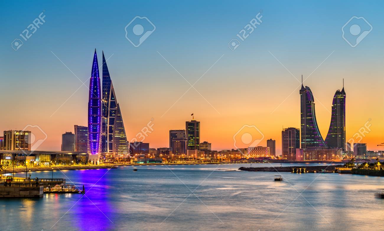 Skyline of Manama at sunset. The Kingdom of Bahrain - 96879454 Skyline of Manama at sunset. The Kingdom of Bahrain - 96879454