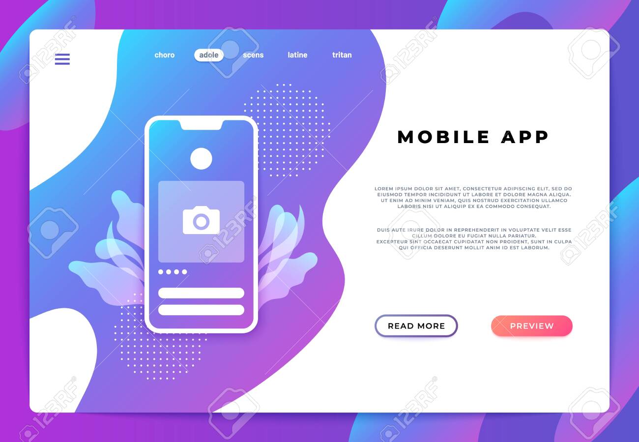 모바일 앱 랜딩 페이지. 웹사이트 Ui 플랫폼, 비즈니스 배너, 웹 페이지 스마트폰 로그인. 벡터 일러스트 레이 션 백엔드 개발입니다.  로열티 무료 사진, 그림, 이미지 그리고 스톡포토그래피. Image 133565340
