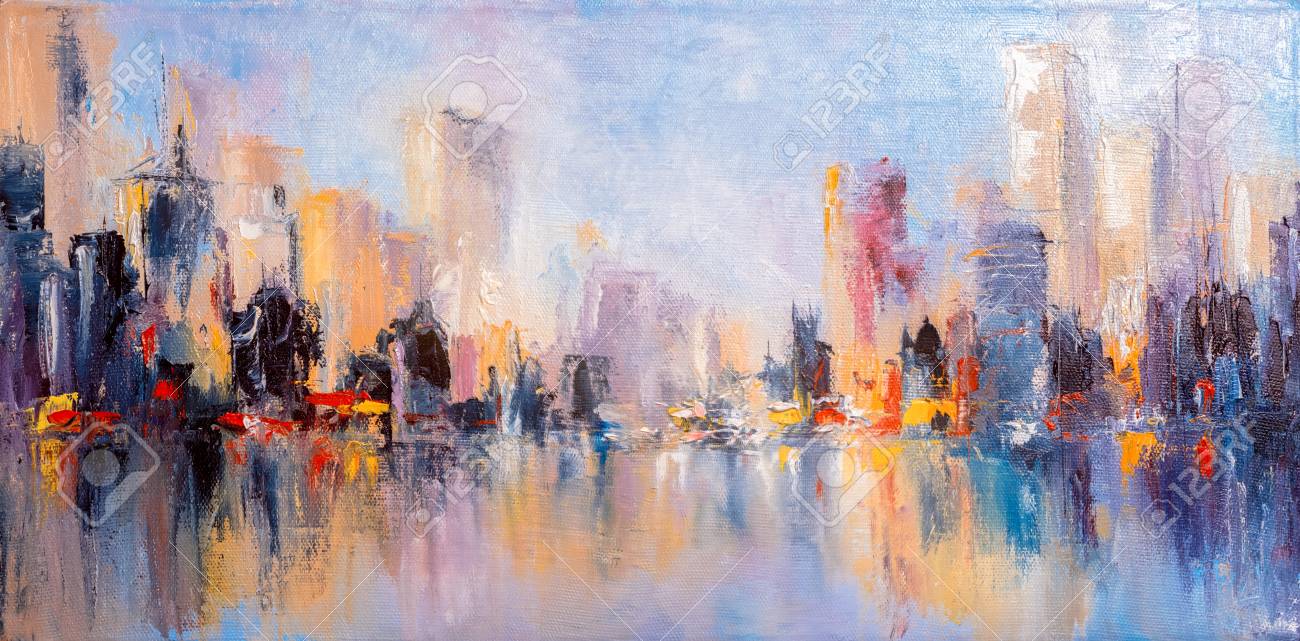 Skyline city view with reflections on water. Original oil painting on canvas, - 111442949 Skyline city view with reflections on water. Original oil painting on canvas, - 111442949