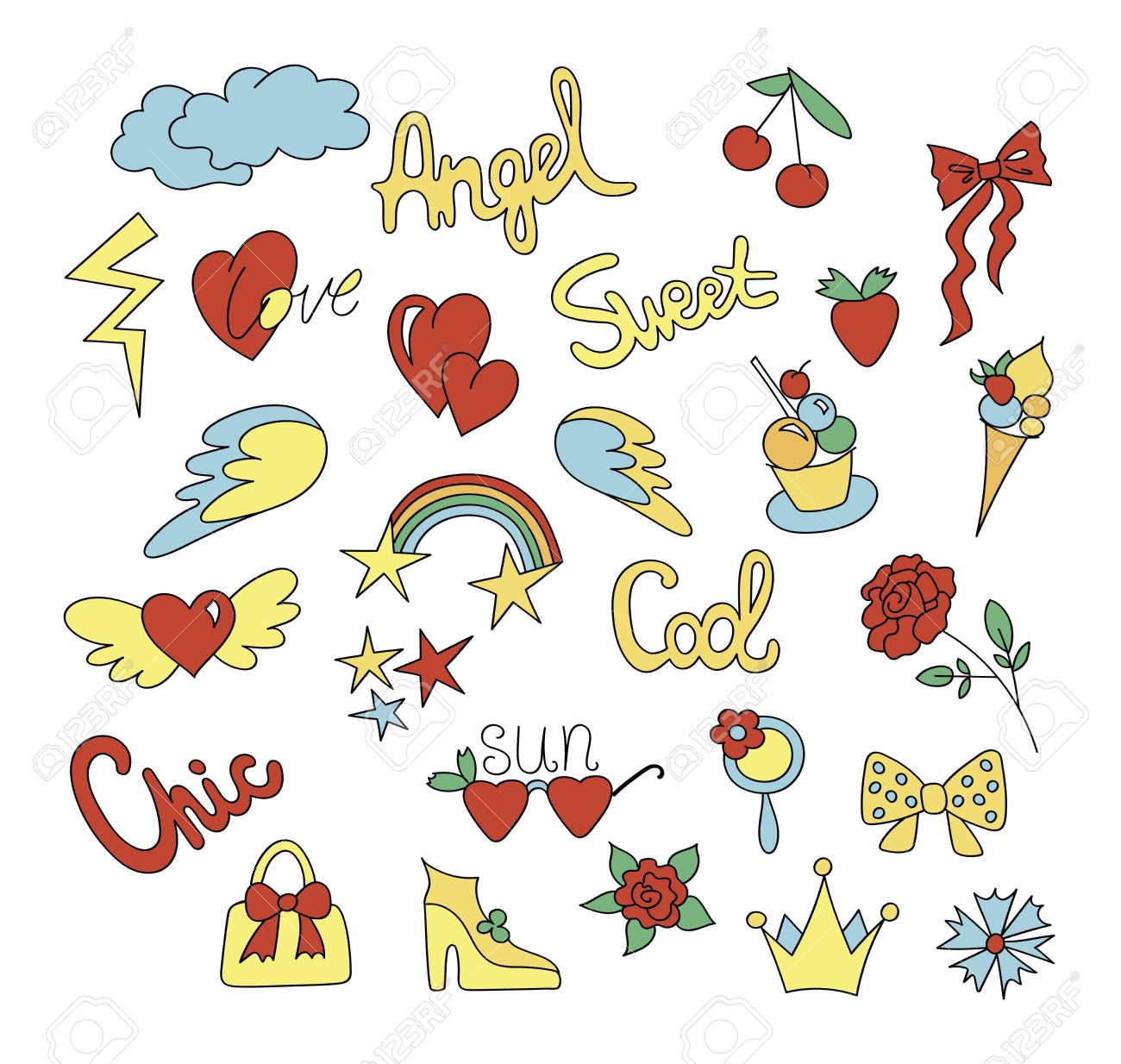 パッチをファッションします かわいいステッカー 虹 心 靴 ローズ 翼 雲 星 お菓子 シェリー クラウン ベクトル イラスト手描き のイラスト素材 ベクタ Image
