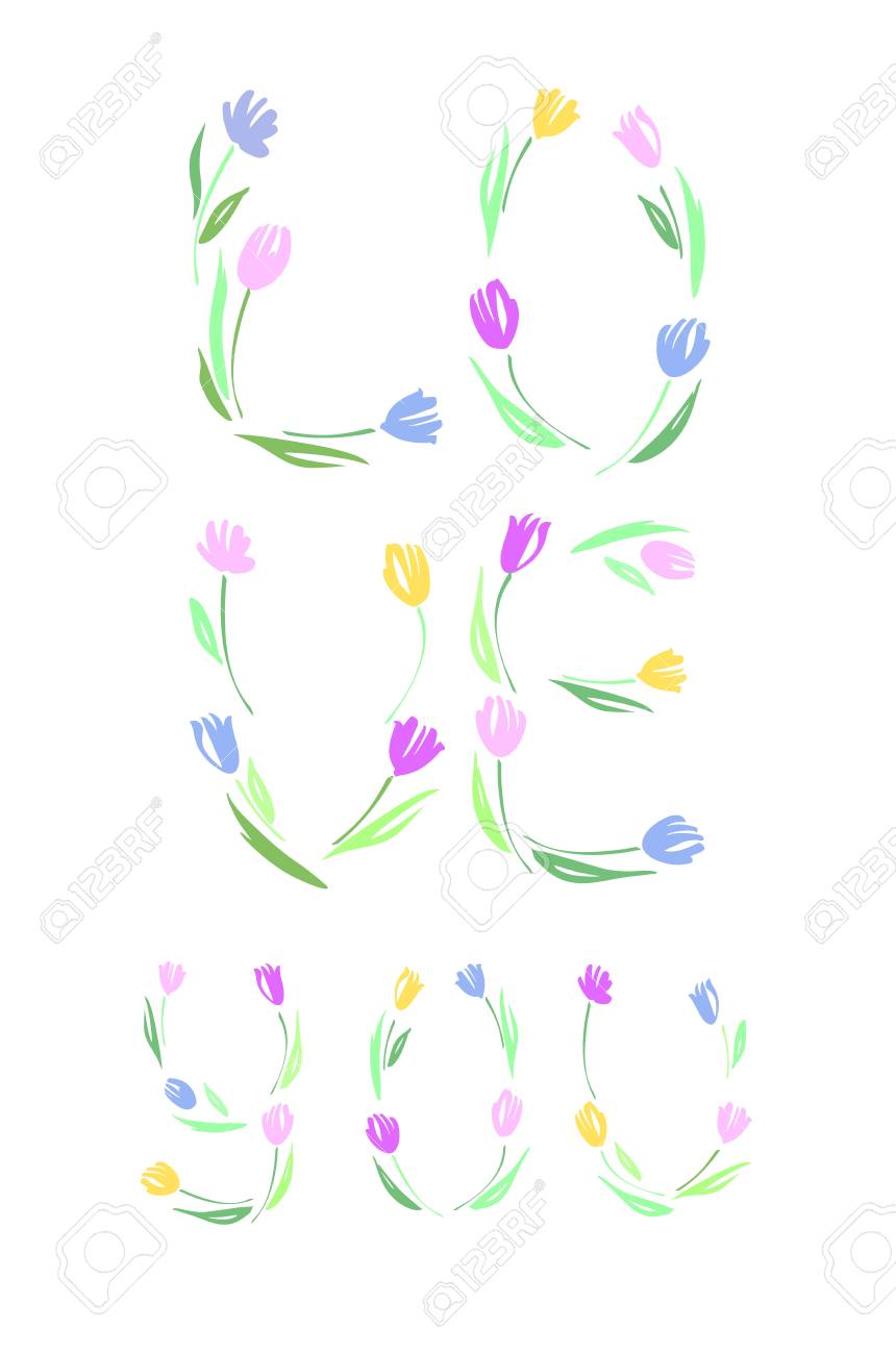 Banque d\u0027images , Le jour de Valentine heureux, mariage, amour carte de voeux. Aimez,vous le lettrage avec dessiné tulipes main.