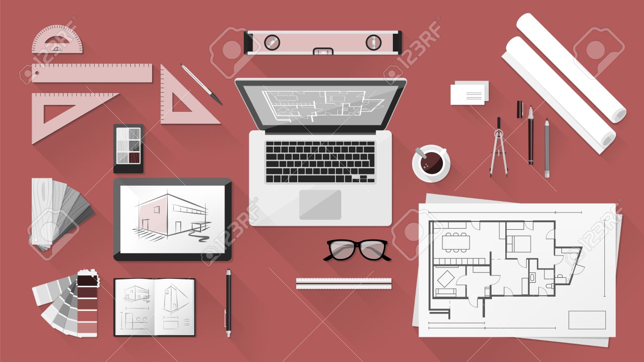 Architect And Designer Desk With Tools, Tablet And Computer Royalty ... Architect And Designer Desk With Tools, Tablet And Computer Royalty ...