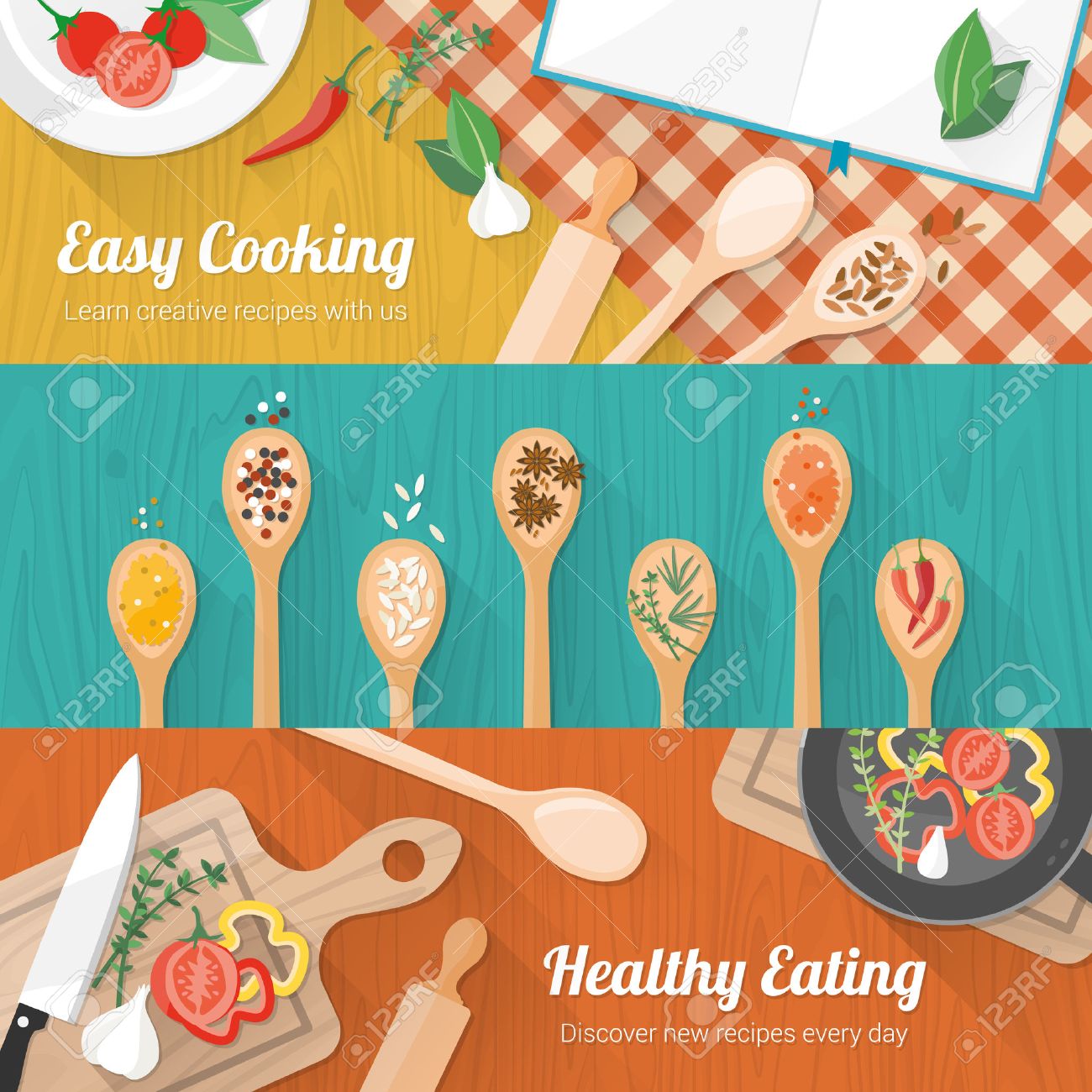 Food and cooking banner set with kitchenware utensils, spices and vegetables on wooden table worktop - 37571355 Food and cooking banner set with kitchenware utensils, spices and vegetables on wooden table worktop - 37571355