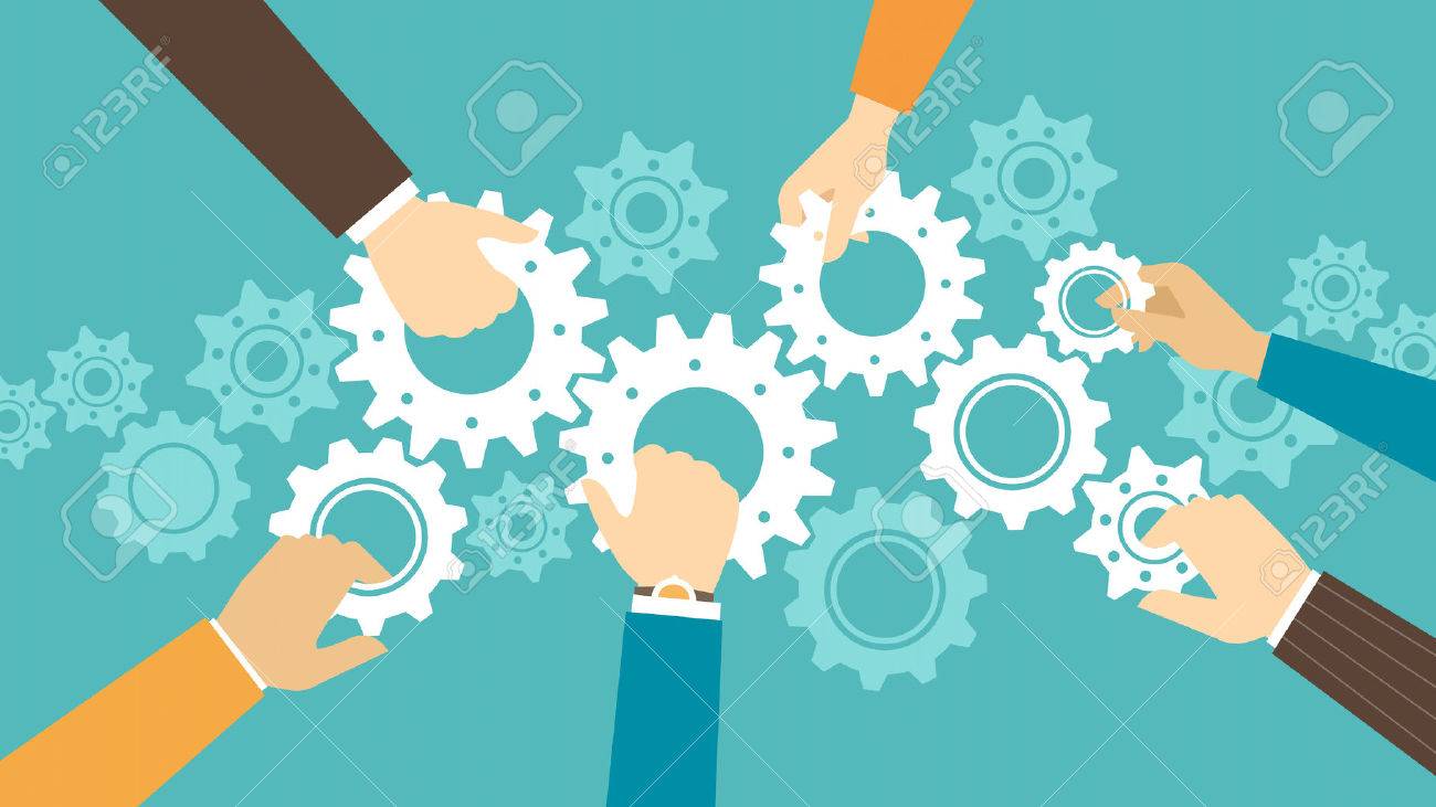 business team and teamwork concept business people joining gears