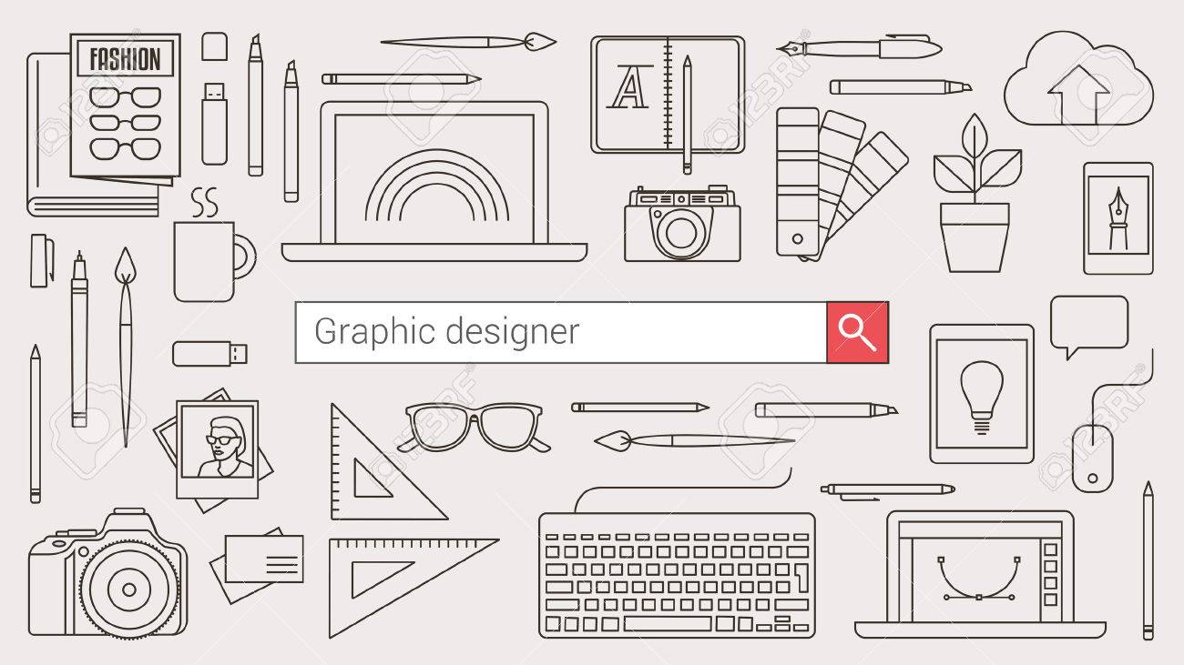 検索バーと細い線ツール デスクトップ上のオブジェクトとグラフィック デザイナー イラストレーター カメラマンのバナーのイラスト素材 ベクタ Image