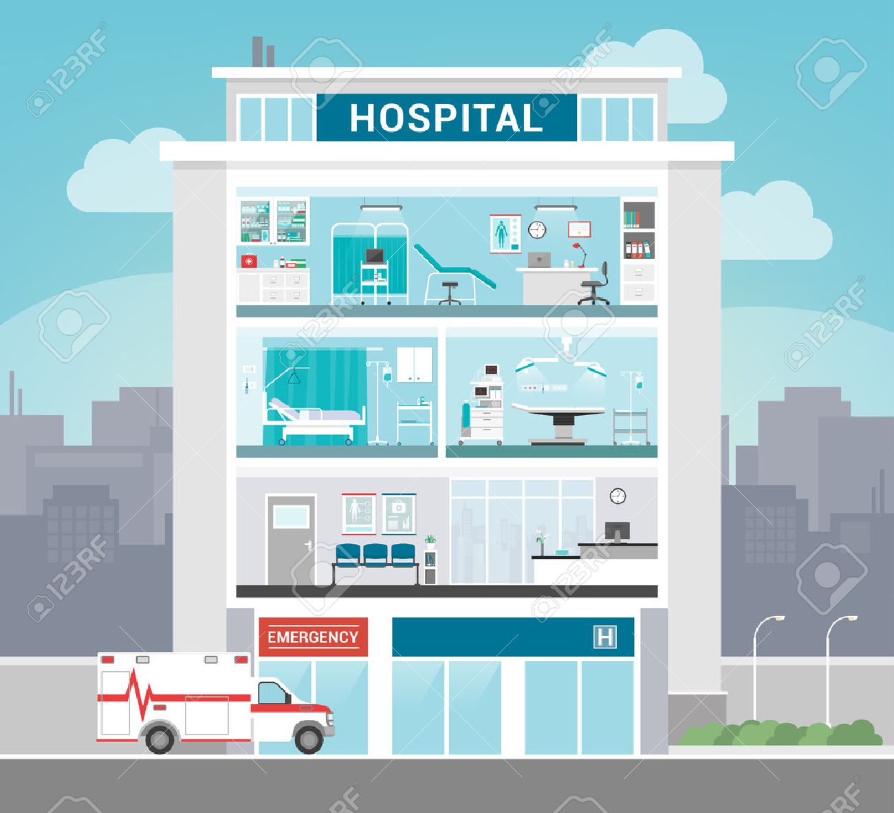 Hospital building with departments, office, operating room, ward, waiting room and reception, healthcare concept - 52961179 Hospital building with departments, office, operating room, ward, waiting room and reception, healthcare concept - 52961179