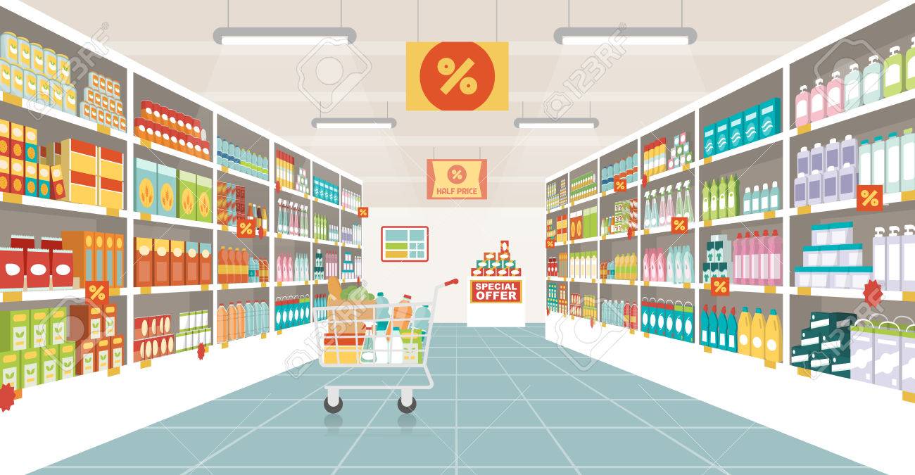 supermarket aisle with shelves