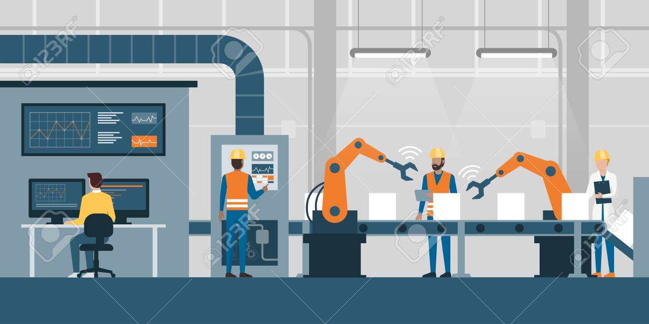Efficient smart factory with workers, robots and assembly line, industry 4.0 and technology concept - 91508489 Efficient smart factory with workers, robots and assembly line, industry 4.0 and technology concept - 91508489