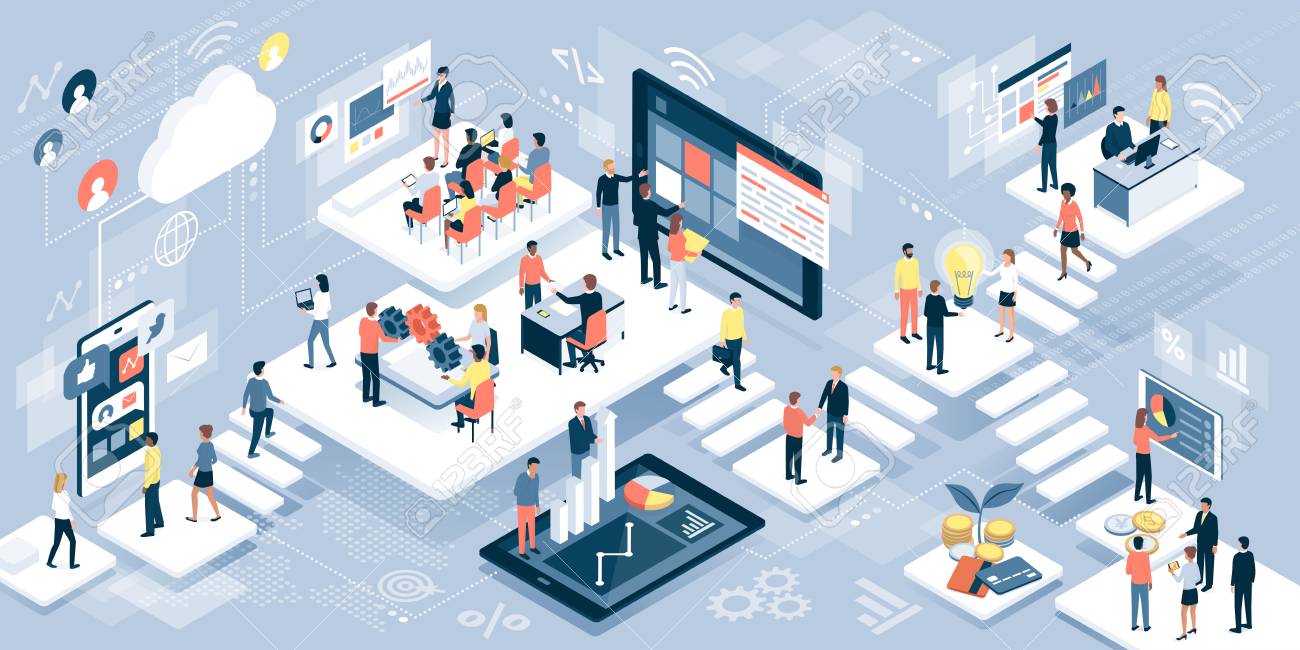 Isometric virtual office with business people working together and mobile devices: business management, online communication and finance concept - 100416017 Isometric virtual office with business people working together and mobile devices: business management, online communication and finance concept - 100416017