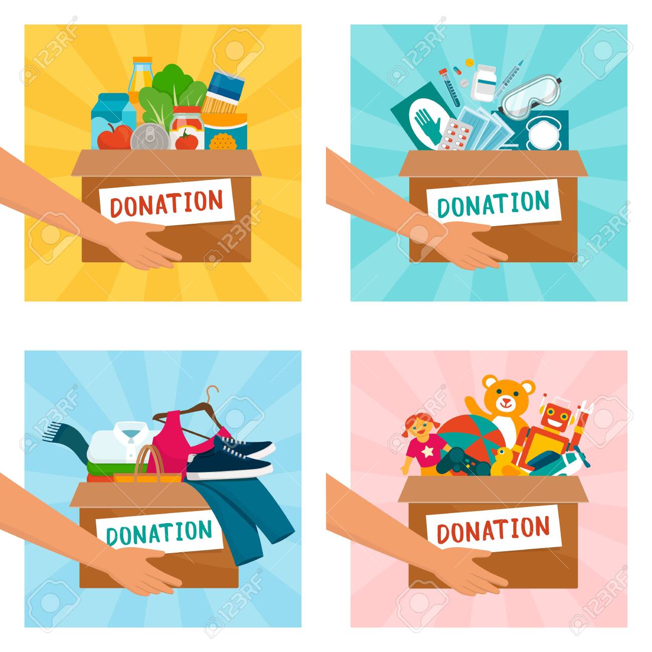 Volunteer holding donation boxes with food, medical equipment, clothing and toys - 146948570 Volunteer holding donation boxes with food, medical equipment, clothing and toys - 146948570