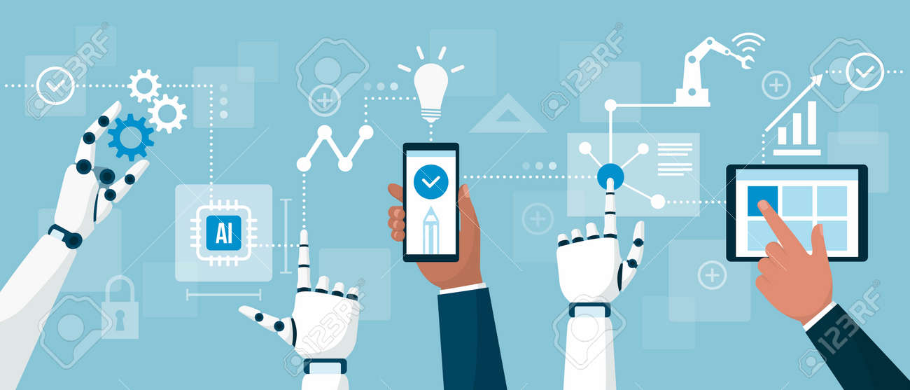 AI robots and business people interacting together in a productive process, artificial intelligence and smart industry concept - 158274236 AI robots and business people interacting together in a productive process, artificial intelligence and smart industry concept - 158274236