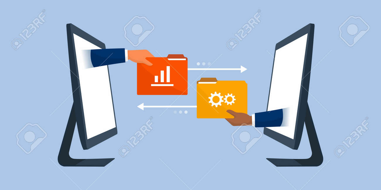 Business team working remotely and exchanging files online, data transfer tools concept - 158274239 Business team working remotely and exchanging files online, data transfer tools concept - 158274239