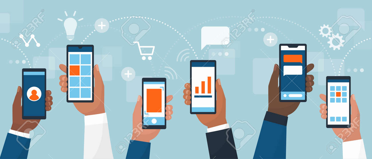 Crowd of people holding smartphones and using apps, communications and social media concept - 158274248 Crowd of people holding smartphones and using apps, communications and social media concept - 158274248