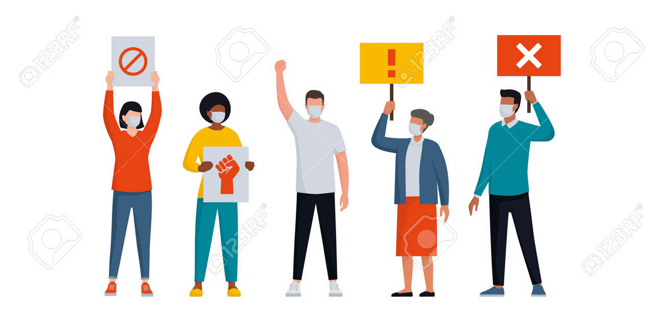 People wearing protective face masks and protesting together, they are holding signs and standing - 158274254 People wearing protective face masks and protesting together, they are holding signs and standing - 158274254