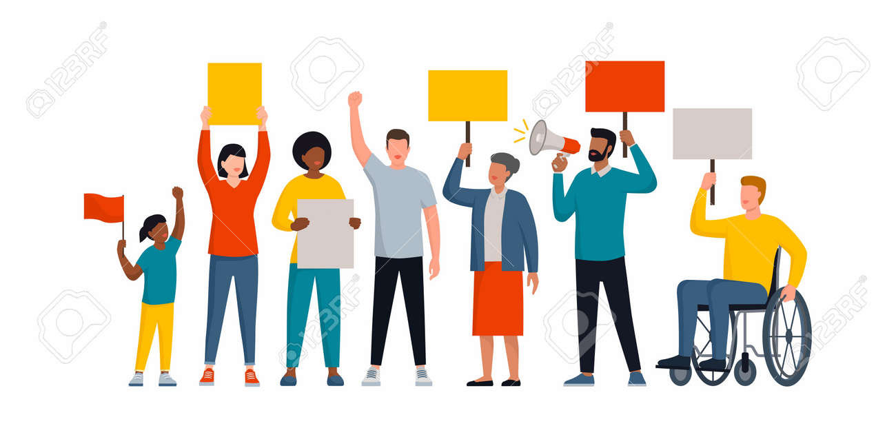 Group of diverse people holding signs and protesting together, social movements and rights concept - 158274256 Group of diverse people holding signs and protesting together, social movements and rights concept - 158274256