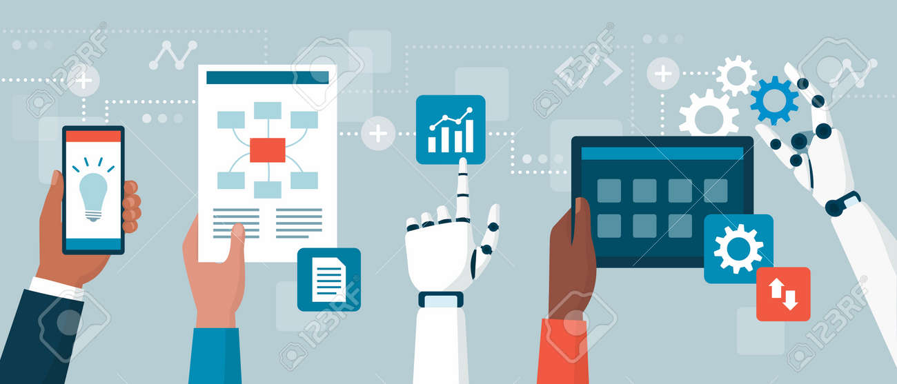Business people and AI robots working together: business applications for artificial intelligence - 159228214 Business people and AI robots working together: business applications for artificial intelligence - 159228214