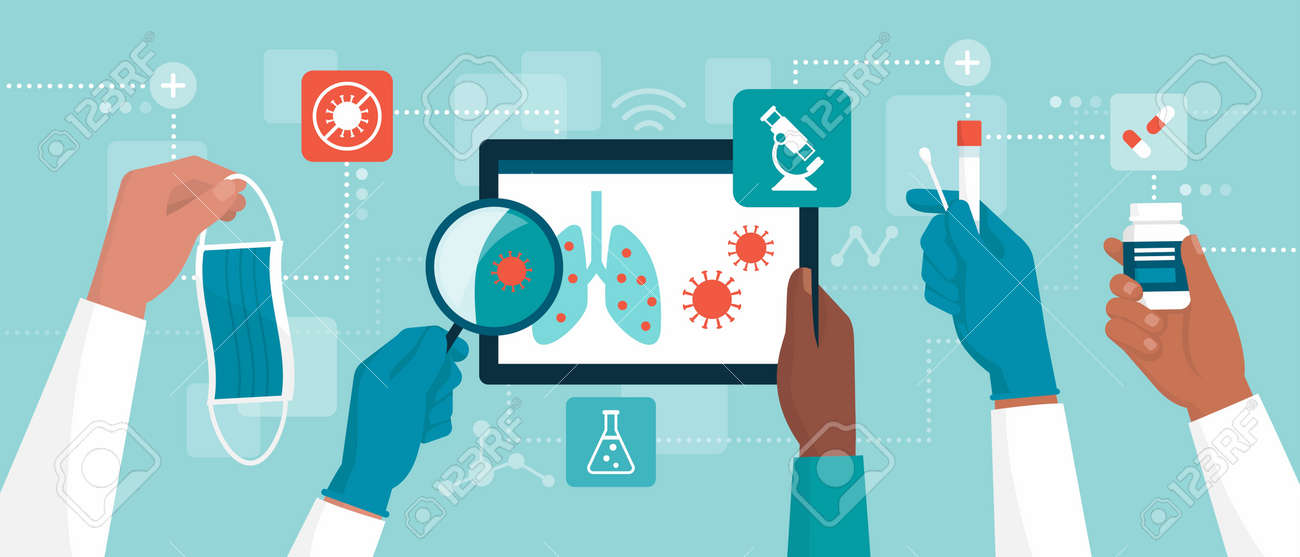 Coronavirus covid-19: medical research and treatment, doctors holding medical equipment and searching for a cure together - 159228236 Coronavirus covid-19: medical research and treatment, doctors holding medical equipment and searching for a cure together - 159228236