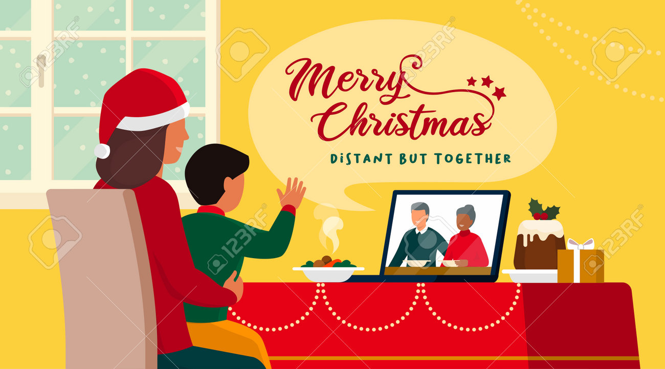 Families celebrating Christmas at home and connecting online on video call, the child is waving at the grandparents on the laptop screen while having lunch - 161454417 Families celebrating Christmas at home and connecting online on video call, the child is waving at the grandparents on the laptop screen while having lunch - 161454417