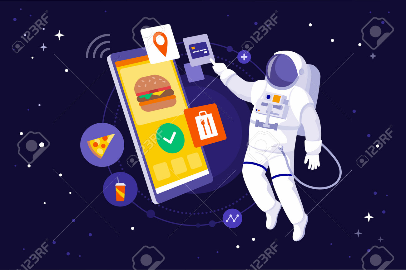 Astronaut floating in space and ordering fast food using a huge smartphone - 162711419 Astronaut floating in space and ordering fast food using a huge smartphone - 162711419
