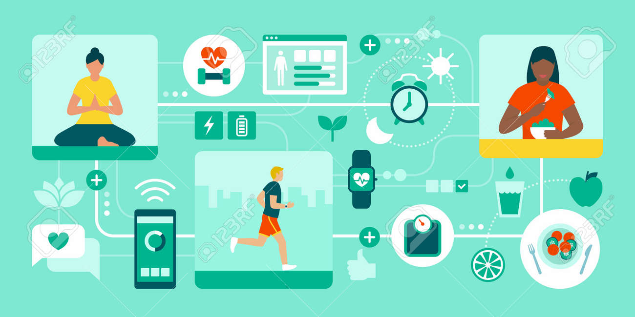 Healthy lifestyle concepts: balanced diet, meditation, sports and nutrient food - 164080738 Healthy lifestyle concepts: balanced diet, meditation, sports and nutrient food - 164080738