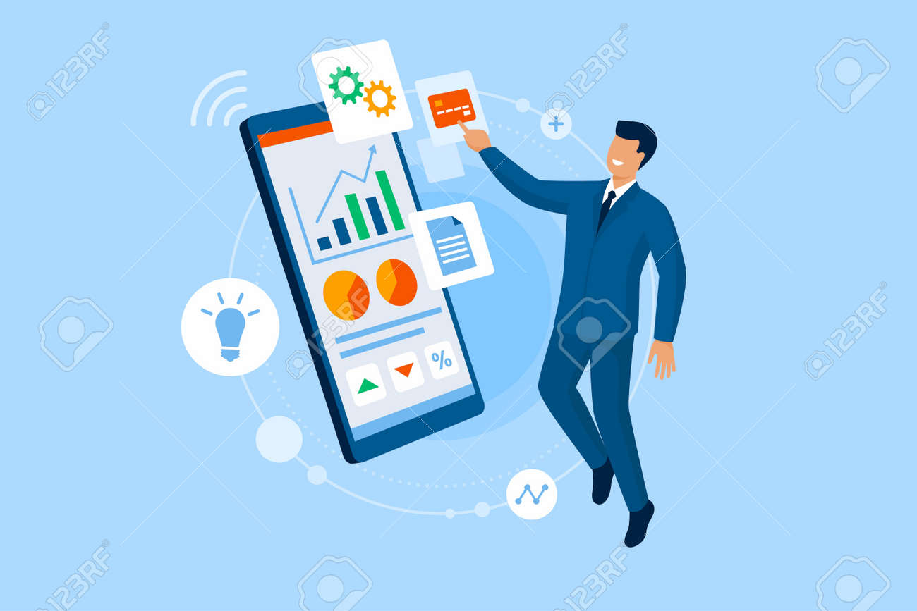 Happy businessman connnecting online and using financial apps on his smartphone - 164080741 Happy businessman connnecting online and using financial apps on his smartphone - 164080741