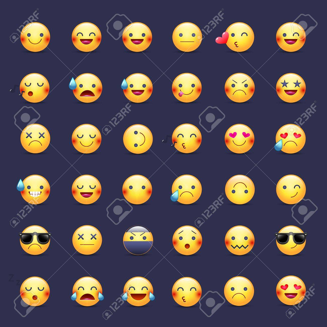 Smileys vector icon set. Emoticons pictograms. Happy, merry, singing, sleeping, ninja, crying, in love and other round yellow smileys. Large collection of smiles - 87214556 Smileys vector icon set. Emoticons pictograms. Happy, merry, singing, sleeping, ninja, crying, in love and other round yellow smileys. Large collection of smiles - 87214556