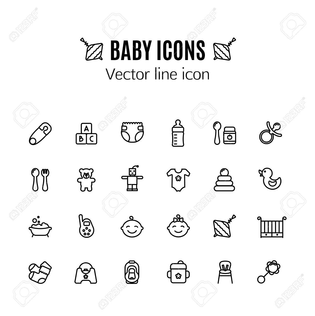 Baby Care Thin Line Icon Set Outline Stroke Feeding Game Bathing Pictograms Pin Car Seat Highchair Baby Monitor Baby Food And Other Baby Accessories Royalty Free Cliparts Vectors And Stock Illustration Image
