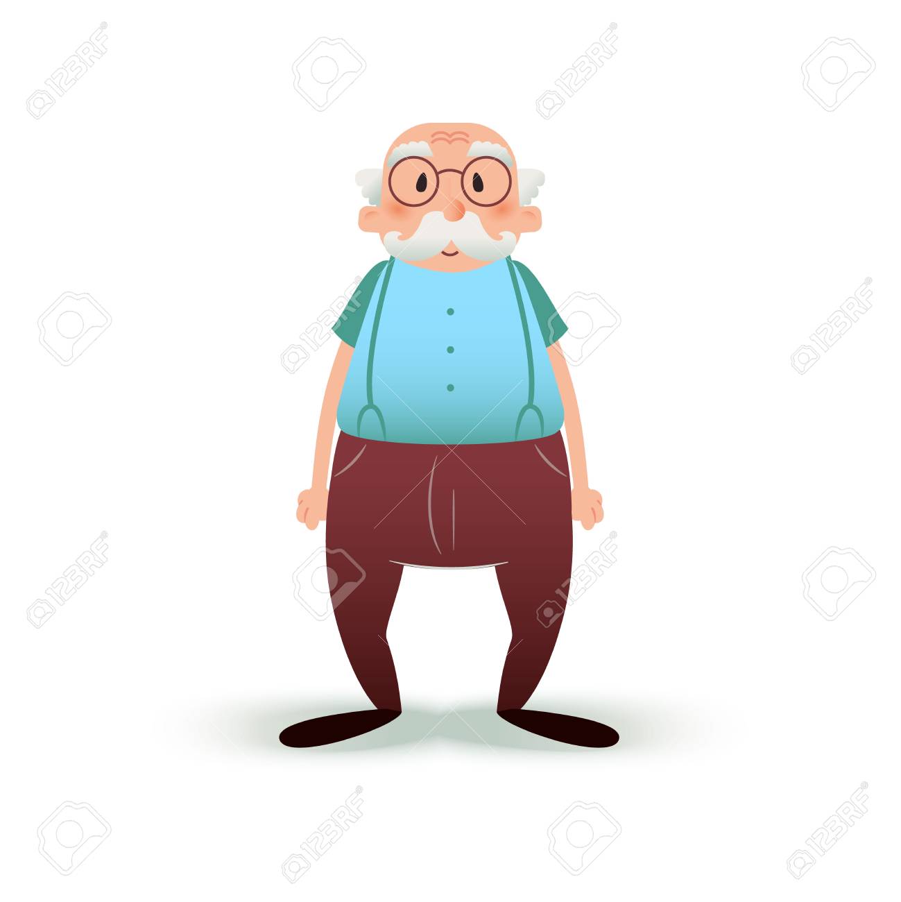 面白い漫画老人キャラクター シニアのメガネと口ひげ 白い背景で隔離の祖父の図 パンツのサスペンダーで年長の男 の写真素材 画像素材 Image