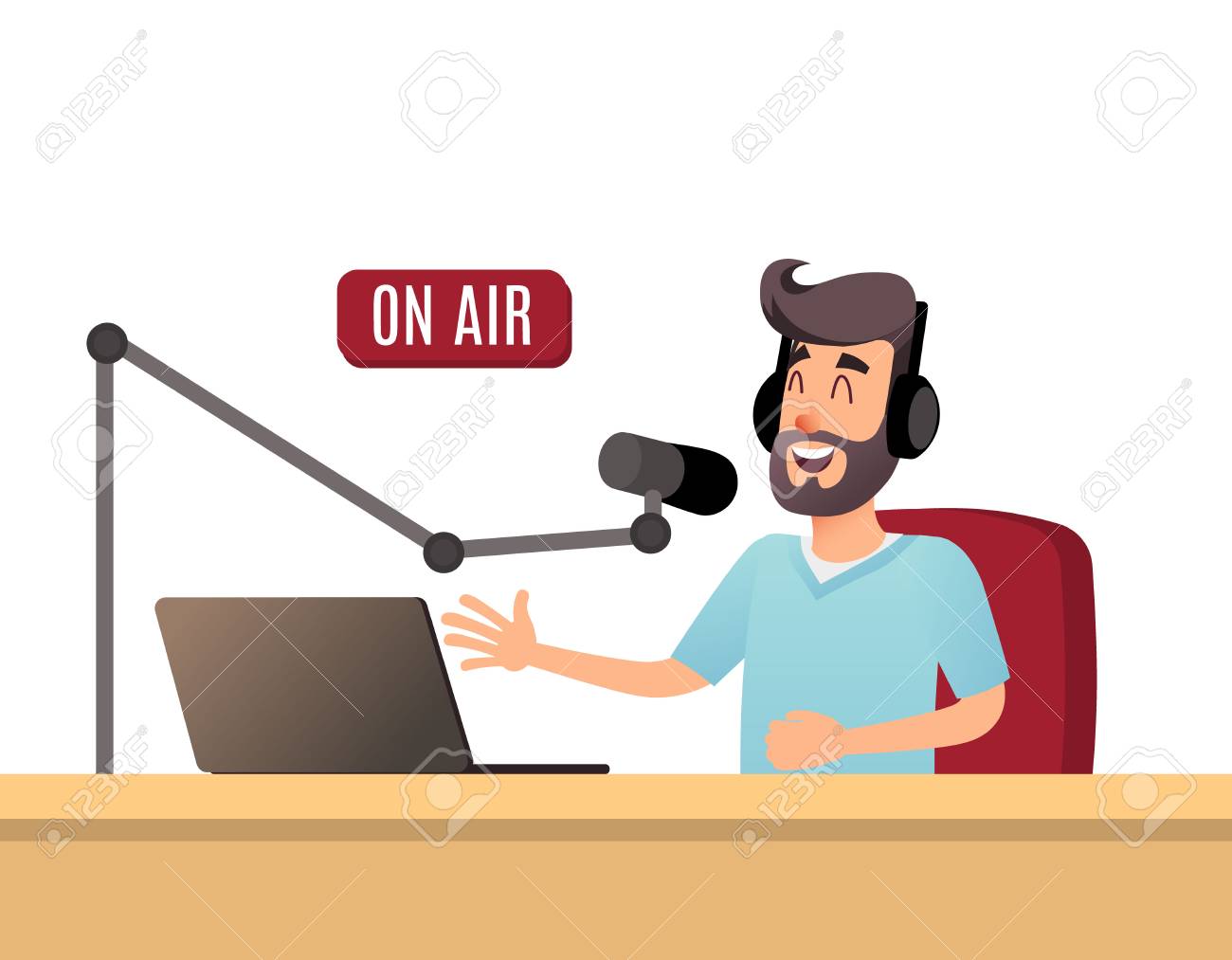 The radio presenter is talking on the air. A young radio DJ in headphones is working on a radio station. Broadcasts flat design illustration. - 94756457 The radio presenter is talking on the air. A young radio DJ in headphones is working on a radio station. Broadcasts flat design illustration. - 94756457