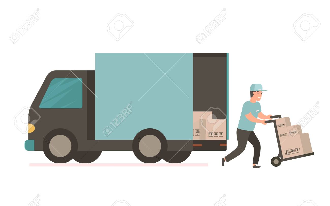 Courier provides free delivery of goods or postal parcels to the address. Man with cardboard boxes. Vector illustration in flat style. Delivery service van - 123576861 Courier provides free delivery of goods or postal parcels to the address. Man with cardboard boxes. Vector illustration in flat style. Delivery service van - 123576861