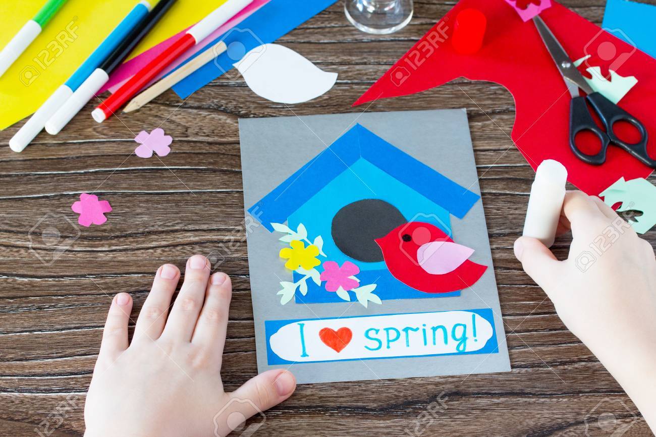 The Child Create A Spring Greeting Card Paper Bird And Birdhouse The Child Create A Spring Greeting Card Paper Bird And Birdhouse