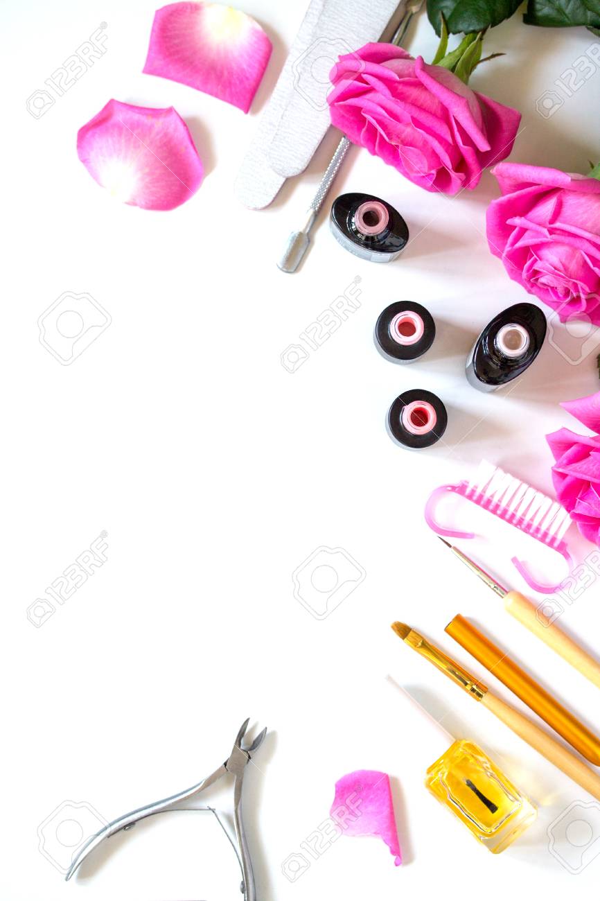 Concept Nails Care Background. Manicure, Pedicure Beauty Salon, Pink  Polish. Top View Flat Lay Background. Free Space For Your Text. Фотография,  картинки, изображения и сток-фотография без роялти. Image 122685755