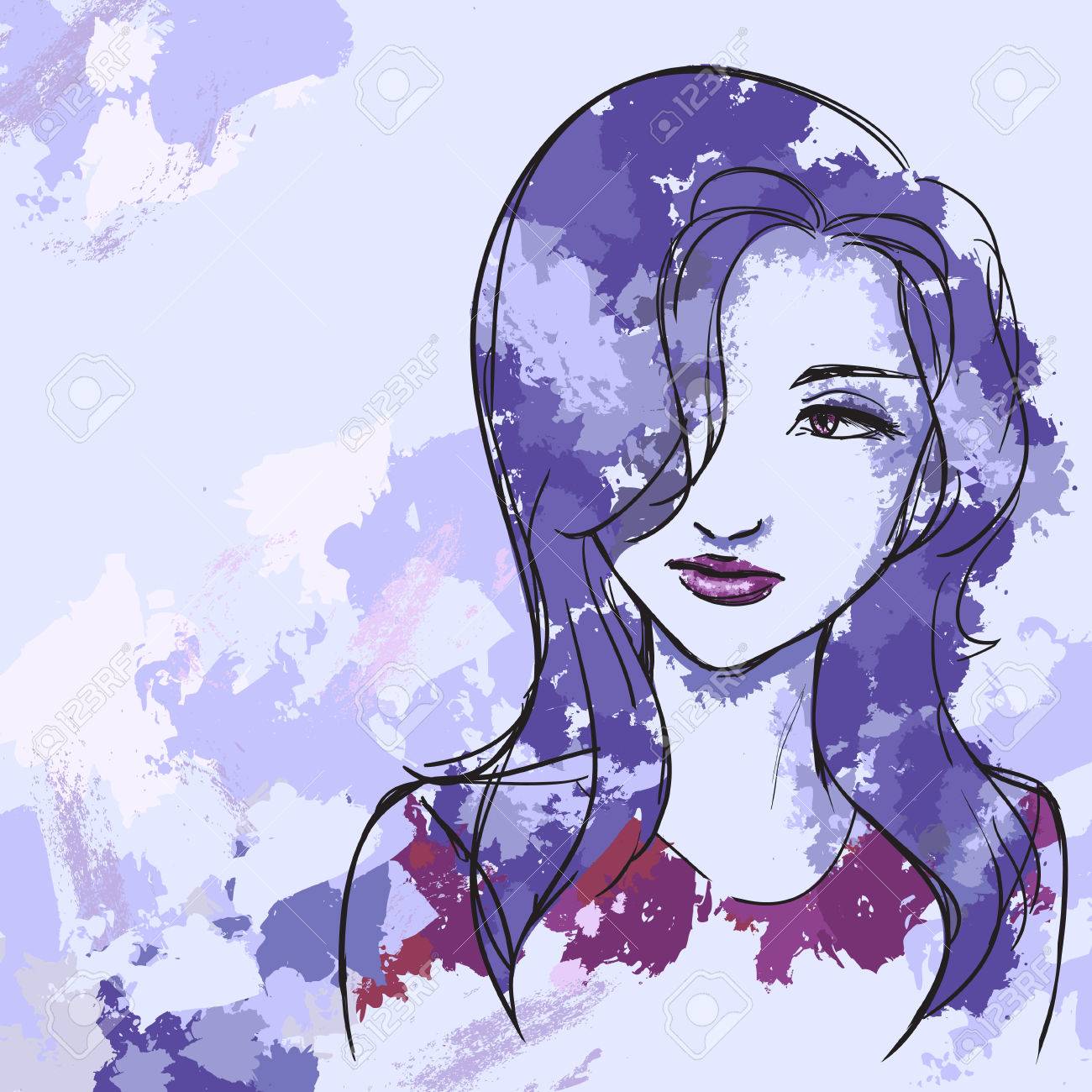 ベクトル画像紫髪と美しい女性の肖像画 水彩ブラシ のイラスト素材 ベクタ Image