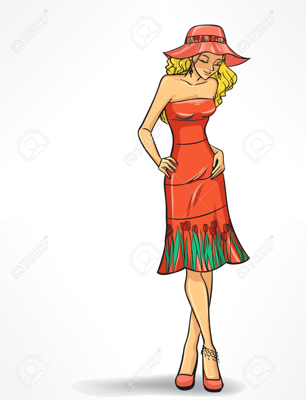 Regard De La Plage Femme élégante En Chapeau Et Robe Longue Rouge Cartoon Isolé